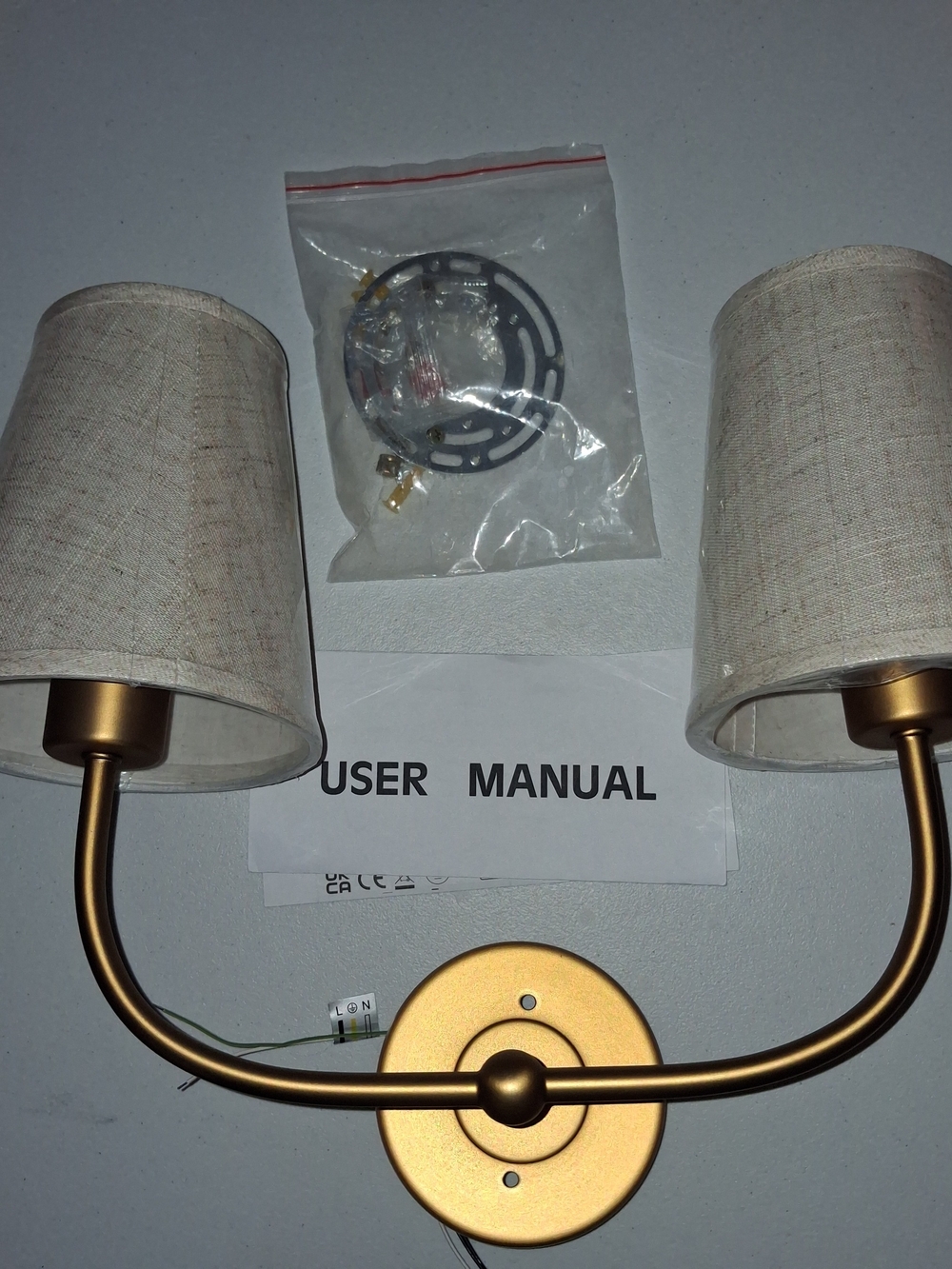 Brass Double Wall Sconce with Cream Fabric Shades - User Manual Included